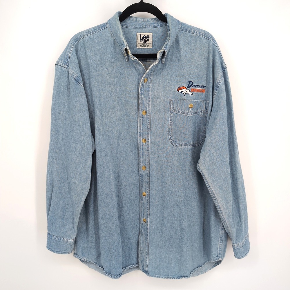 Lee Sport Denver Broncos Blue Denim Button Down Embroidered Shirt Mens XL